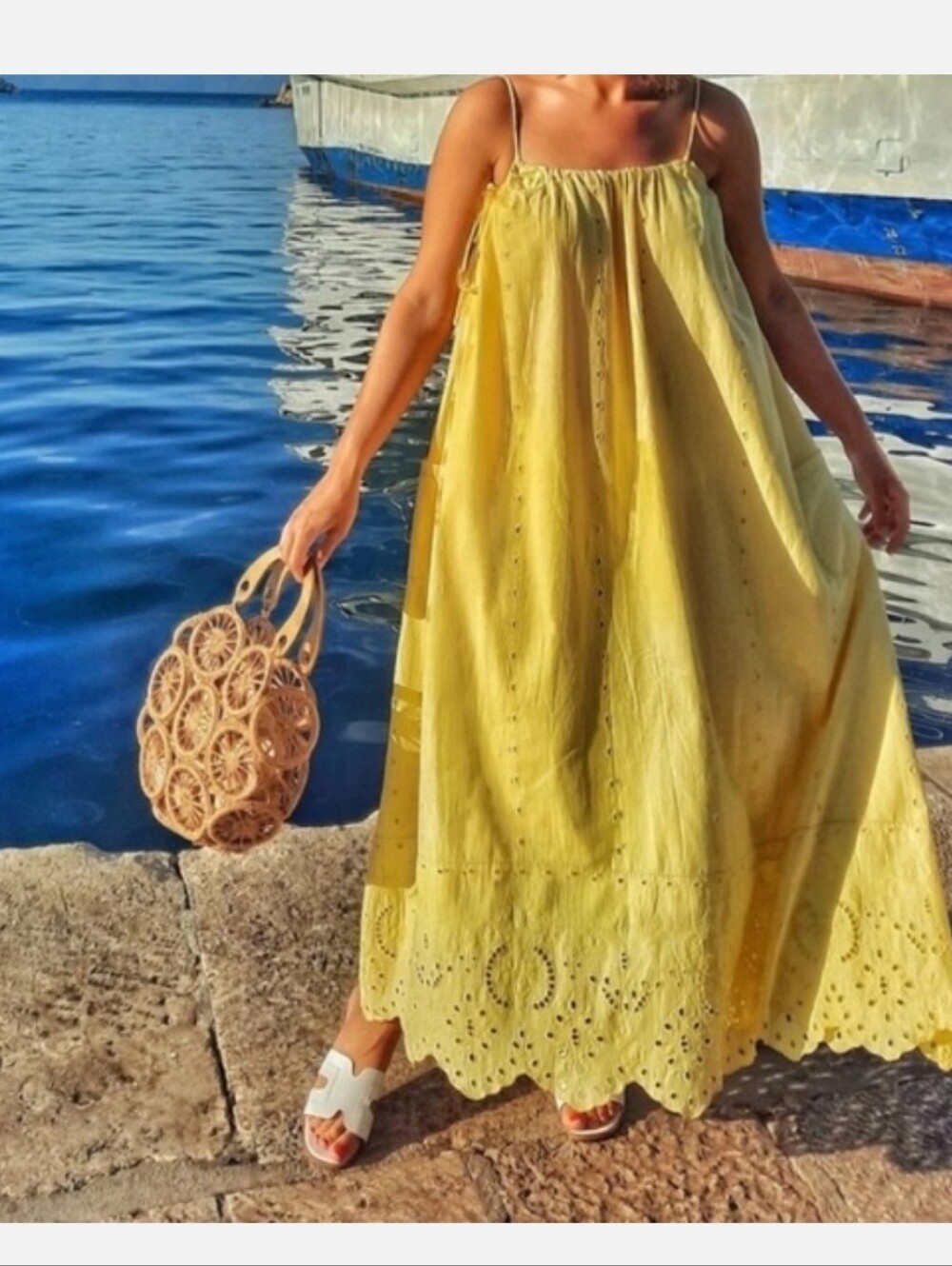 ZARA Yellow Cutwork Tent Dress Maxi XS Embroidered